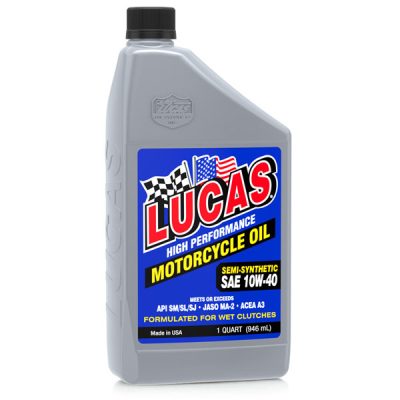 image of lucas 10w-40 semi-synthetic motorcycle oil bottle, offering high-performance engine protection, improved fuel efficiency, and extended oil change intervals.