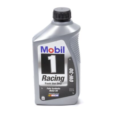 mobil 1 0w-30 synthetic racing oil bottle offering advanced synthetic technology for high-performance engines, providing improved protection and acceleration.