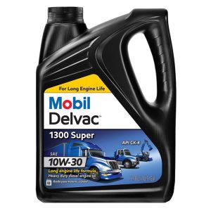 mobil 1 delvac 1300 10w-30 super semi-synthetic oil bottle providing heavy-duty engine protection, fuel efficiency, and performance for diesel engines and trucks.