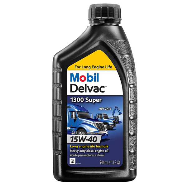 mobil 1 15w-40 delvac 1300 super semi-synthetic oil bottle, designed for diesel engines, providing superior protection, fuel efficiency, and extended engine life