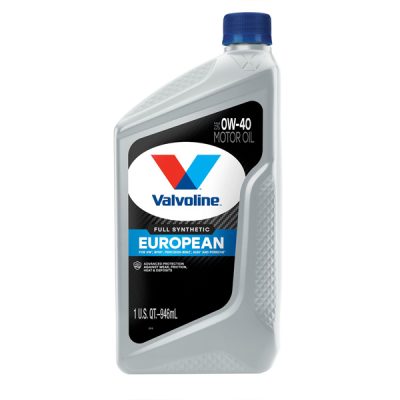 image of valvoline 0w-40 european full synthetic motor oil bottle, showcasing premium motor oil designed for high-performance european vehicles and cold-weather protection.