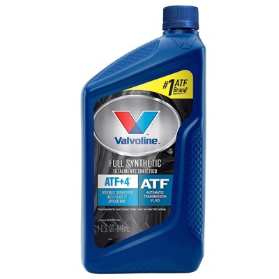 bottle of valvoline atf + 4 blend transmission fluid, providing high-performance automatic transmission protection and smoother shifting for cars, trucks, and suvs.